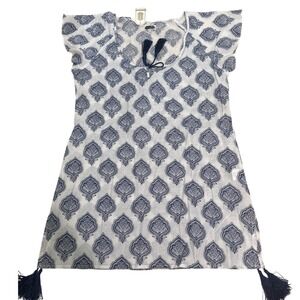 Mud Pie Womens Blue White Damask Tassel Swim Cover Up Tunic Dress Large NWT